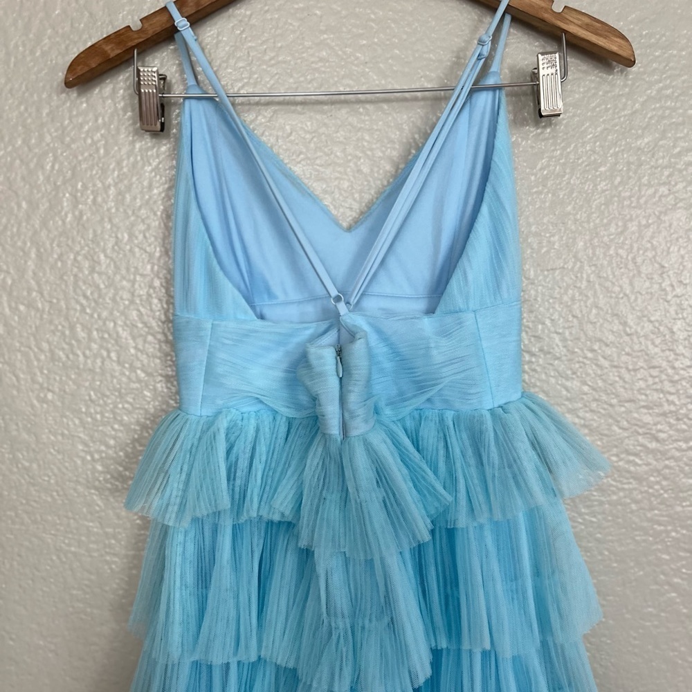 NWOT Radiant Event Light Blue Mesh Tiered Pleated Backless Maxi Dress - Picture 6 of 9